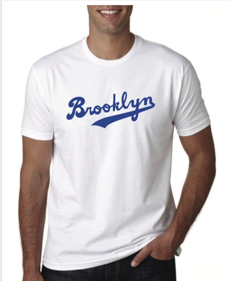 Image of Brooklyn Script Men’s White Tee blue lettering