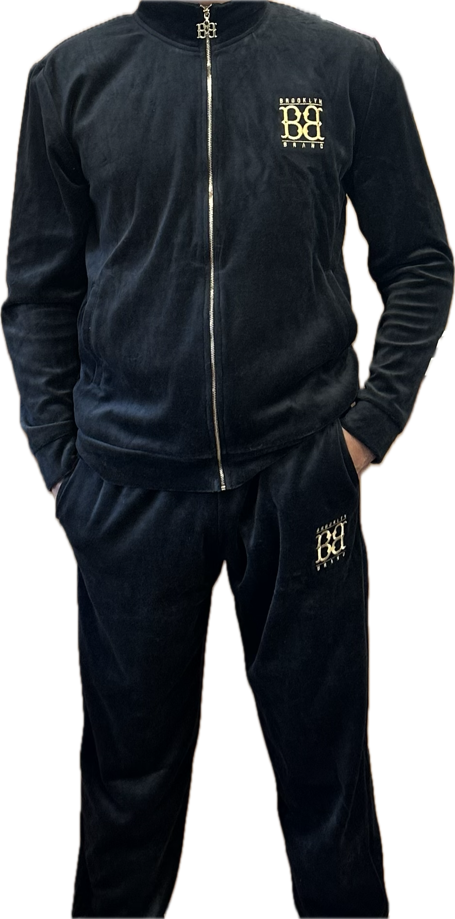 Image of Brooklyn Brand Sweatsuit Black Velour (Gold BB) Jacket and Pants Pocket