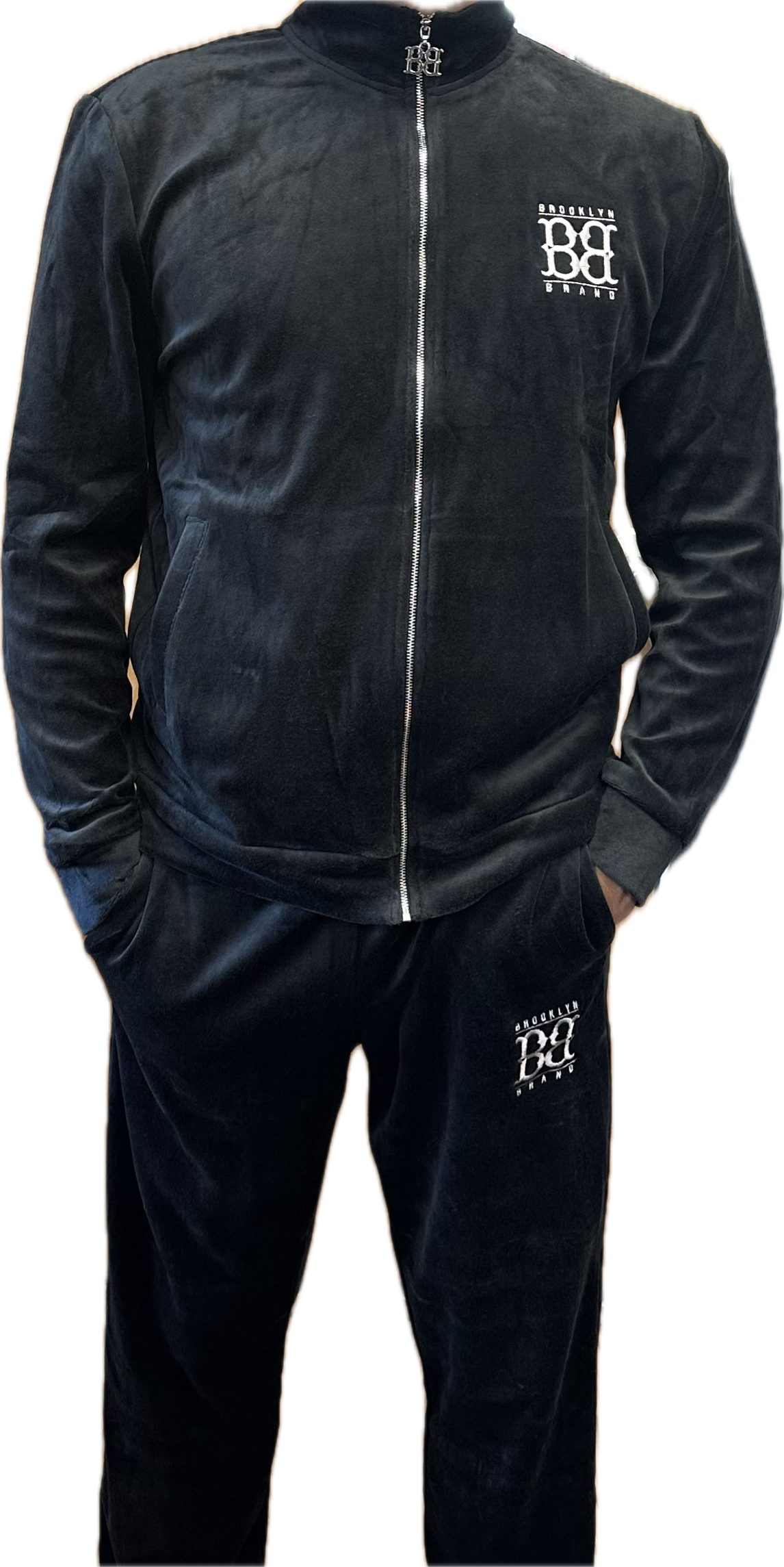 Image of Brooklyn Brand Sweatsuit Black Velour (Silver BB) Jacket and Pants Pocket