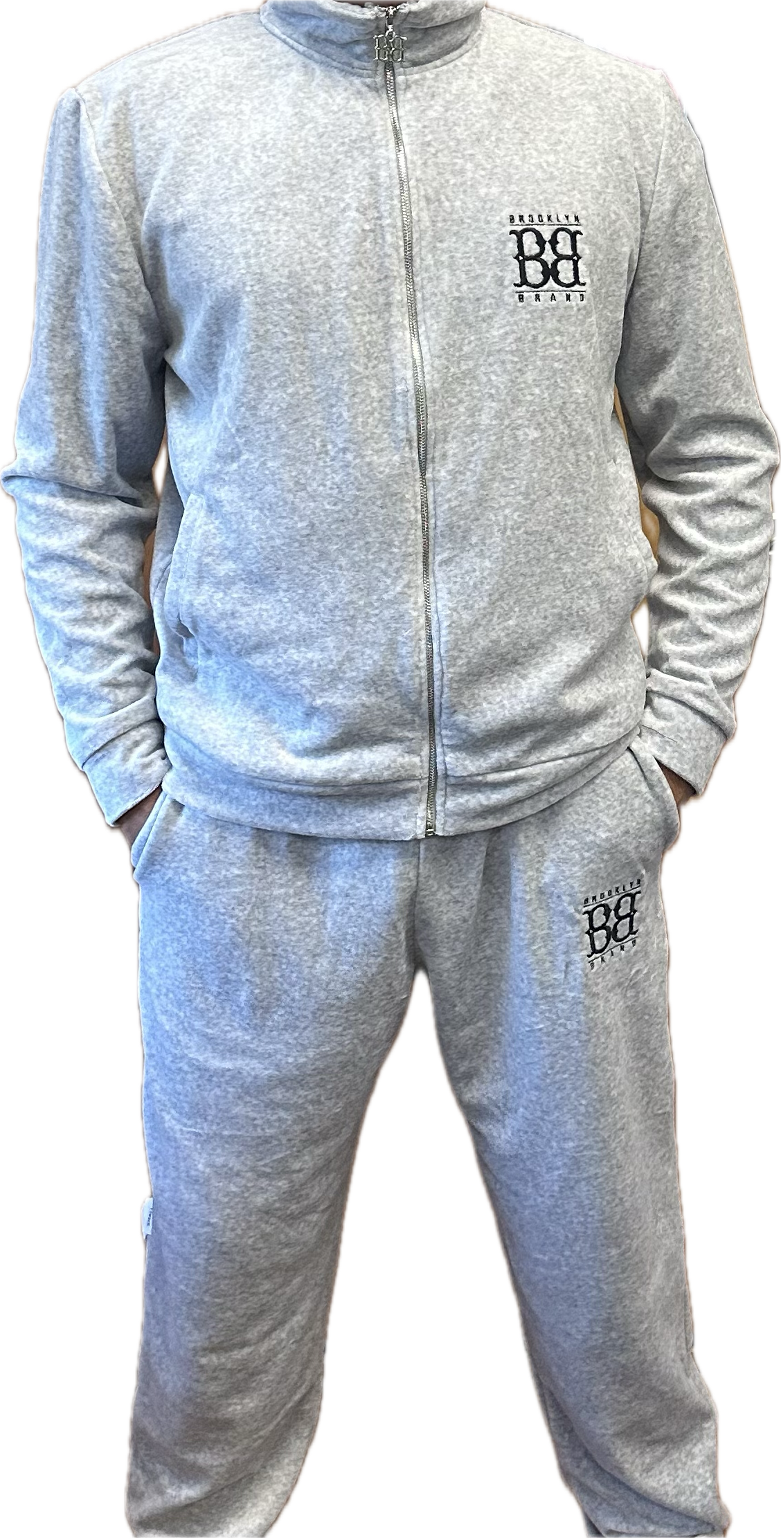 Image of Brooklyn Brand Sweatsuit Gray Velour (Silver BB) Jacket and Pants Pocket