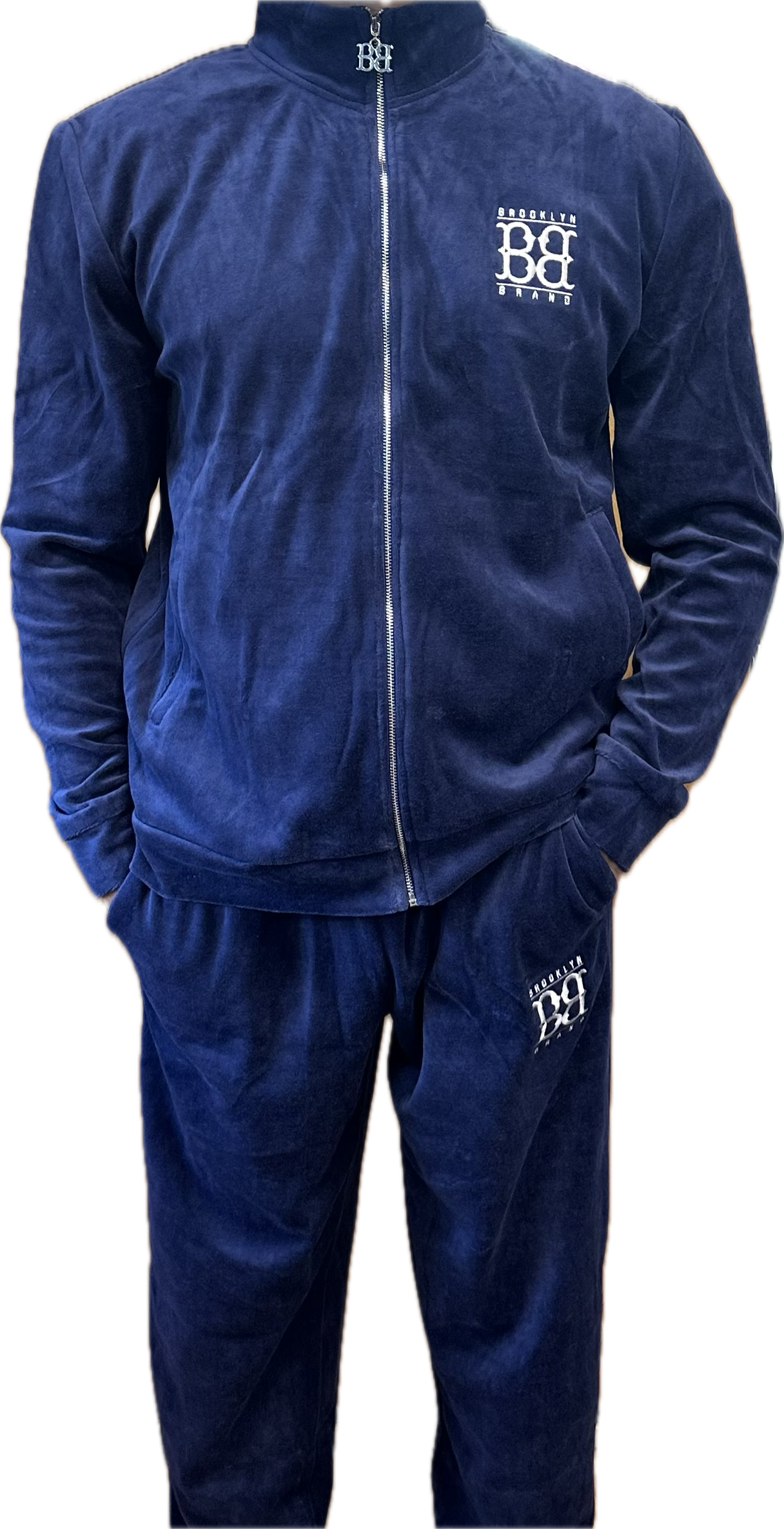 Image of Brooklyn Brand Sweatsuit Navy Velour (Silver BB) Jacket and Pants Pocket